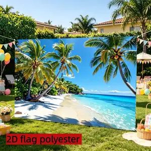 2D Flat 1PC Polyester Banner, Tropical Coconut Beach Theme Design, Featuring Sandy Beach Palm Trees, Gradient Blue Ocean, Clear Sky White Clouds & Coastal Natural Elements, Fresh Vacation Style, Indoor and Outdoor Use, Ideal for Summer Parties,