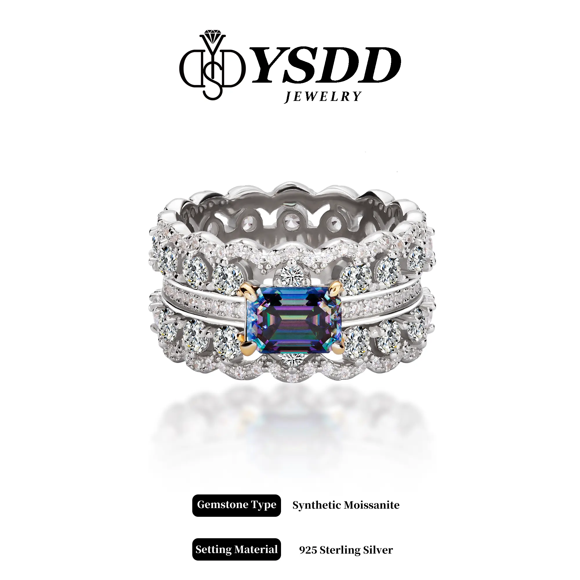 【#134 Luxury】1Carat Peacock Blue Premium Band S925 Synthetic Moissanite Ring