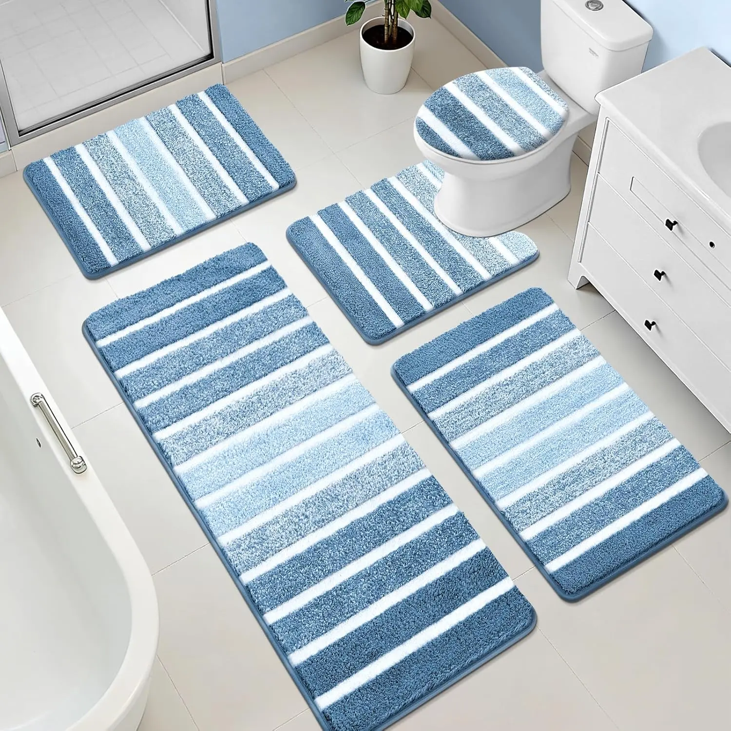 Yamaziot Bathroom Rug Mat Set 5 Piece, Microfiber Shaggy Bath Set, Non-Slip Ultra Soft Carpet Mats, Absorbent with U-Shaped Toilet for Bathroom, Tub, Shower, Dark Gre