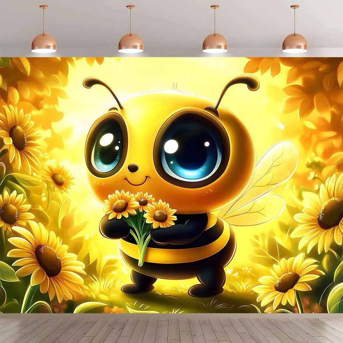 Sunflower Themed Party Banner, 1 Count Bee & Sunflower Pattern Wall Hanging Decor,  Props Background Cloth, Home Decoration Supplies, Ornaments