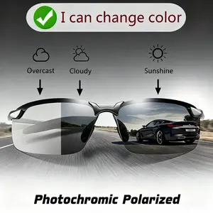 Photochromic Polarized Fashion Glasses - Frameless Photochromic Lenses Unisex, Retro Half Metal Frame, Blue Light Filter, Sport Style, Suitable for Outdoor Outings