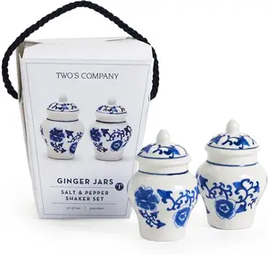 Two's Company Chinoiserie Mini Ginger Jar Salt and Pepper Shaker Set in Gift Box Kitchen Seasoning Utensils Tin Canister