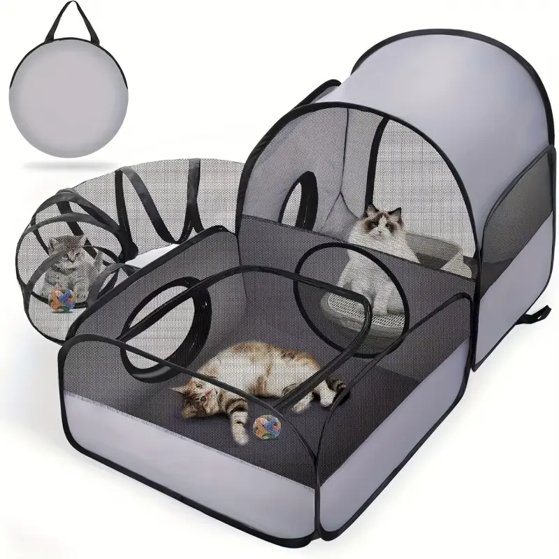 3-In-1 Durable Pet Playpen Enclosure, 360-Degree Surround Tunnel with Soft Breathable Mesh, One-Second Set Up Storage Bag, Spacious Multi-Level Pet House for Small Cats and Puppies, Portable Pet Bed for Indoor and Outdoor, Puppy Playpen