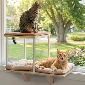 [5-year warranty] PETSFIT Cat Window Perch,Dual-Level Hammock with Suction Cups & Wooden Base, Supports Large Cats & Multi-Cat Families, Reversible Cushions, Tool-Free Installation