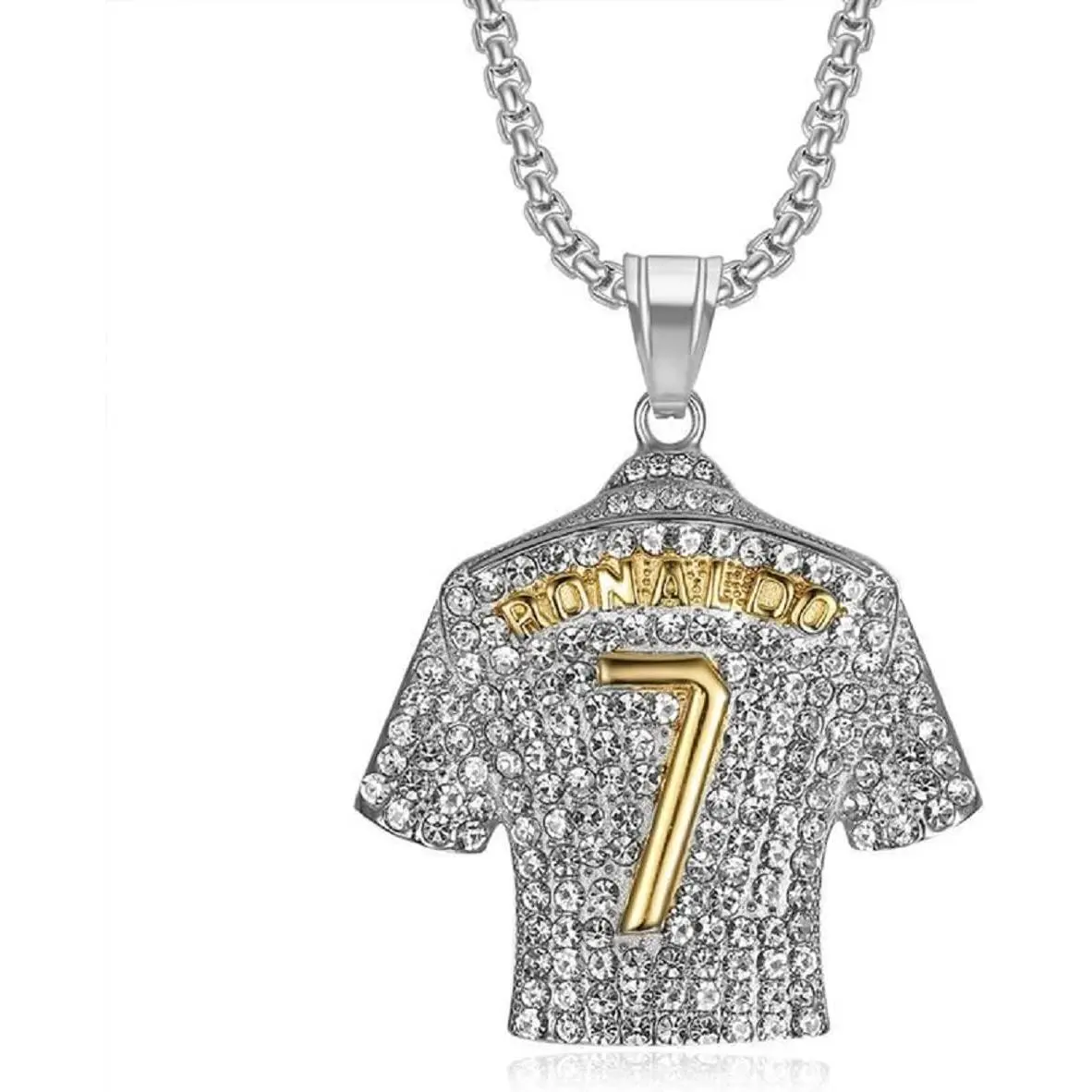 Men's Elegant Rhinestone Letter 7 Soccer Jersey Charm Pendant Necklace - 24-in Skin-Friendly Unisex Stainless Steel Golden Coating Chain, Exquisite Jewelry Gift for Fathers, Christmas Football Fashion Accessory