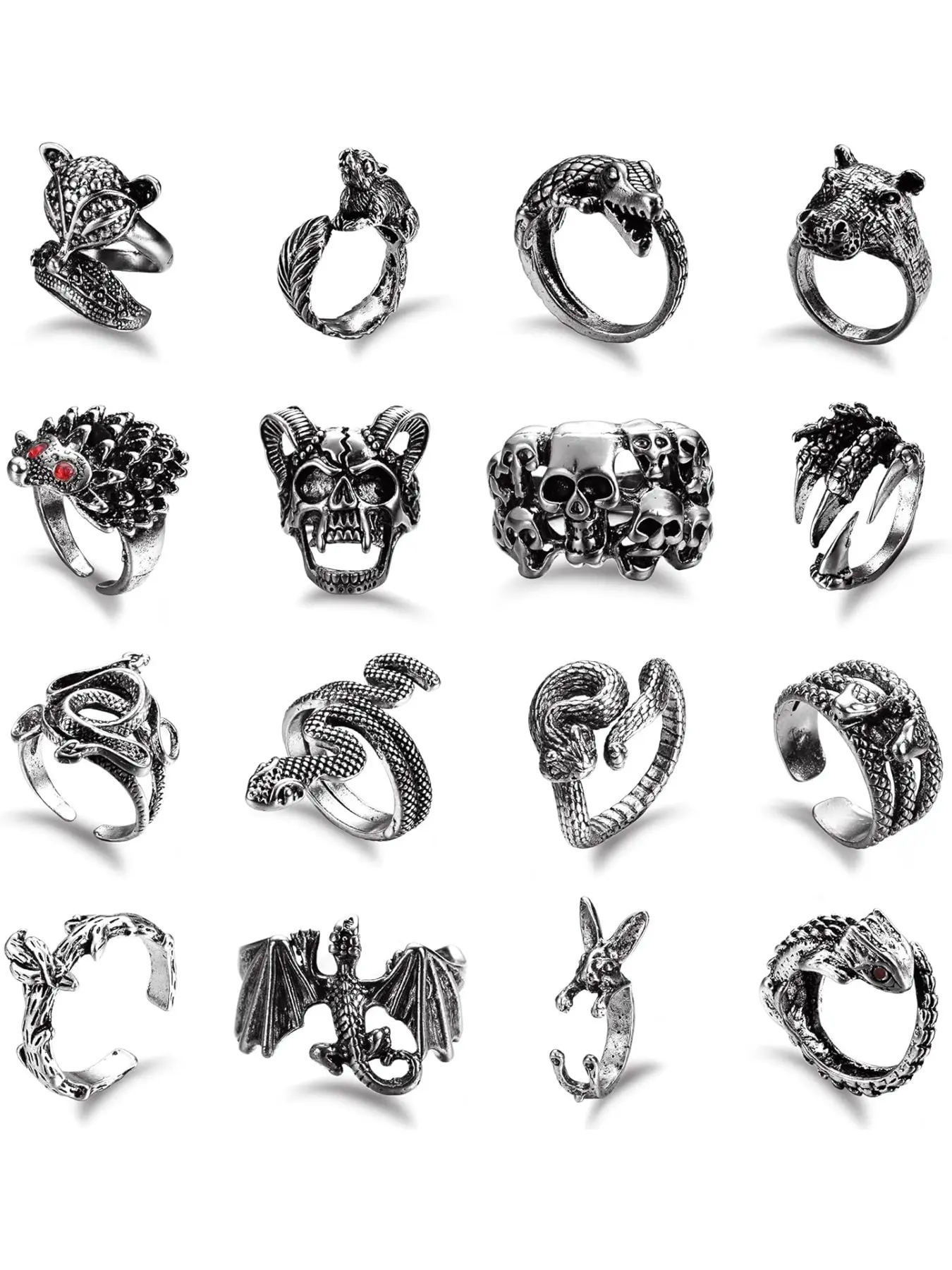 16Pcs Silver Goth Punk Metal Rings Set for Men Women Frog Snake Butterfly Spider Eye Animal Ring Adjustable Cool Gothic Statement Fashion Stackable Rings Y2K Accessories Stackable Ring Set