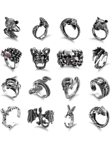 16Pcs Silver Goth Punk Metal Rings Set for Men Women Frog Snake Butterfly Spider Eye Animal Ring Adjustable Cool Gothic Statement Stacking Rings Y2K Accessories