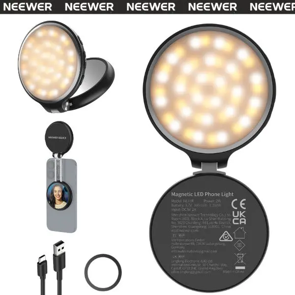NEEWER NL48R Magnetic LED Selfie Light with Makeup Mirror, MagSafe Compatible Phone Fill Light & Desk Stand for iPhone/Android, Portable Dimmable Video Light for TikTok Live, Vlogging & Makeup tiktokshopbacktoschool