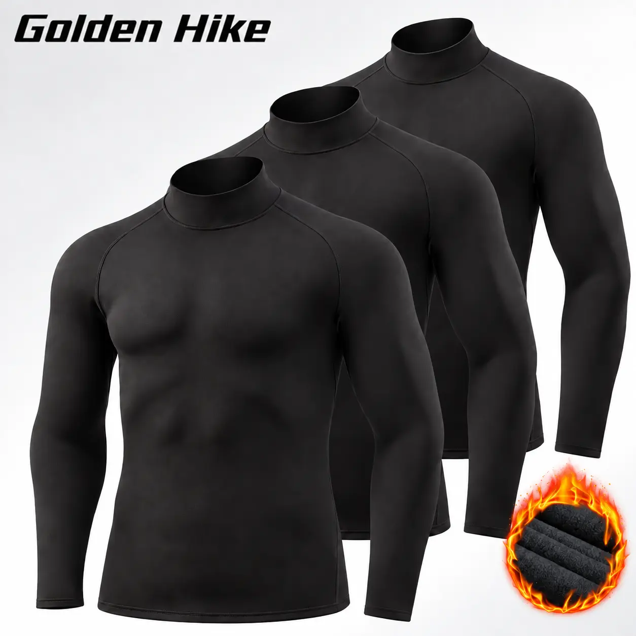 3-Pack Male Compression Garment - Fitted Plain Stylish Turtleneck/Mock Neck Polyester Thermal Full Length Fleece Liner Long Sleeve Undershirt Base Layer for Gym, Outdoor Wear