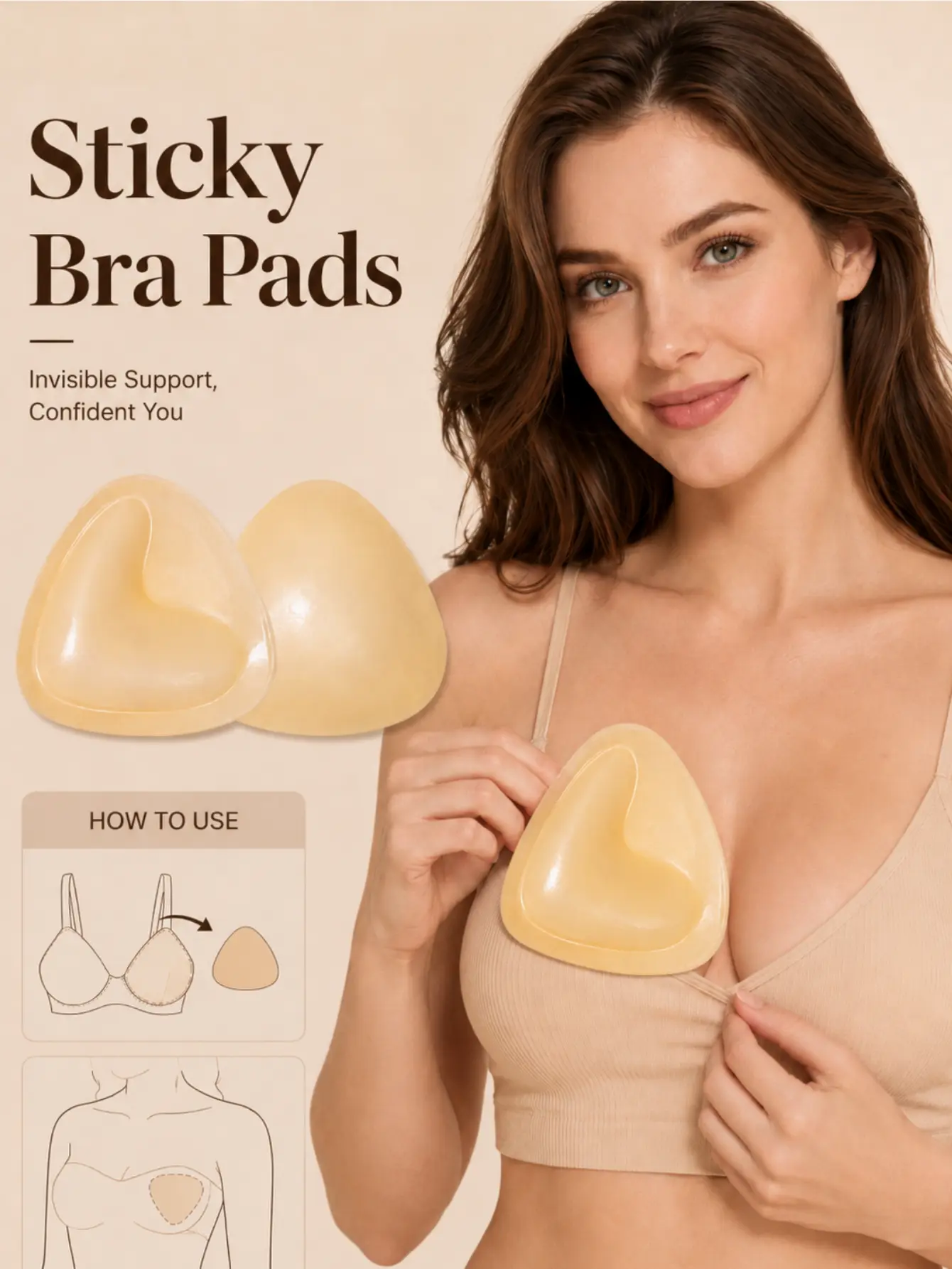 Women Push Up Sticky Bra Inserts - Double-Sided Adhesive Ultra Boost Padded, Invisible Seamless Smooth Soft Skin-Friendly Reusable Breathable, Fit for Bridal Beach Casual Bikini Strapless Bra Evening Dress Sports Tops Pasties coverage accessory pad