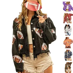 YeeZaa Women's Football Sequin Patched Cropped Corduroy Jacket Short Button Raw Hem Jacket Coat #GameDayOutfits #FootballSeason