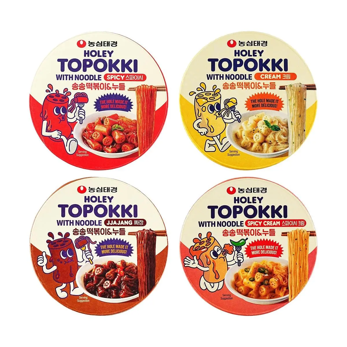 Nongshim Korean Rice Cakes Tteokbokki 4 Flavors Combo Pack - Creamy, Spicy Creamy, Jjajang, Korean Spicy - 492g，Chewy, Sauce‑Absorbing, Microwavable，Slippery & savory noodles，Chewy rice cakes with holes，Dual texture