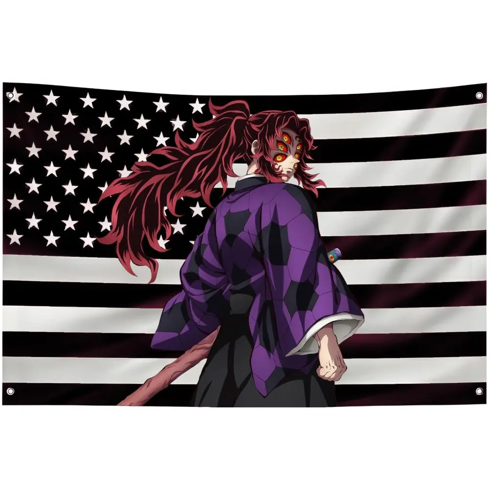 Kokushibo American Flag Demon Slayer Anime Banner – Kimetsu No Yaiba Outdoor Garage Flag Tapestry Decorwall decor flags