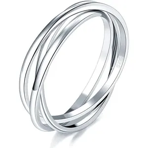 Silver Ring, 14K Gold Plated Waterproof Fidget Anxiety Ring, Triple Row Rolling Interlocking Stacking High Polish Band for Women, Men| Each Band Width 1.8mm 3mm Size 4-12