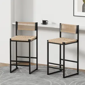 Spaco Set of 2 Kitchen Bar Stools with Footrest – Black & Honey Paper Rope Woven Counter Height Dining Chairs