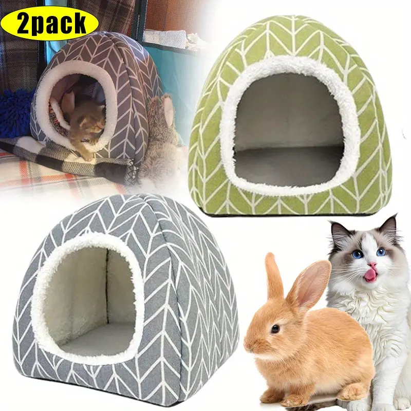 2PCS Cozy Hide Out Cave for Guinea Pig/ Rabbit/ Hedgehog, with Triangular Design & Paw Print Patterns Small Animal Hideout Bed Accessories