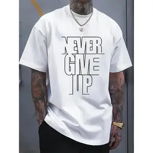 100% Cotton A Men'S Casual Cotton T-Shirt With The Words "Never Give Up" Printed On It - Crew Neck, Slight Elasticity, Knitted Fabric, Regular Version, Summer Short-Sleeved T-Shirt Suitable For Adults, Large Size Option Golf Gift T-Shirt For Men And Women