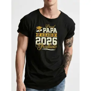 Men's Wear Men's Class of 2026 Graduation T-Shirt - Proud Papa of a 2026 Graduate with Diploma Cap & Golden Lettering, 100% Relaxed Fit Breathable All-Season Comfort, Graduation Gift for Dad, Casual Wear, Diploma Cap Emblem Design (Adult Sizing)