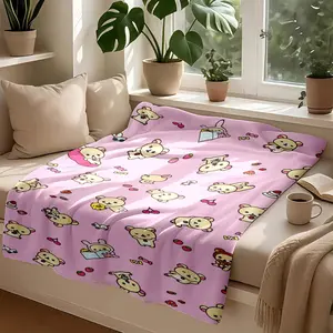 1 piece Relaxed and cute Rilakkuma with a pink background themed flannel blanket - Super soft flannel blanket, suitable for beds and sofas, all-season use, modern design, digitally printed pattern, 100% polyester material, machine washable