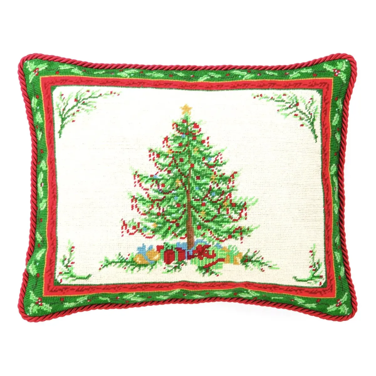 212 MAIN Luxury Needlepoint Christmas Decorative Pillow - 16"x20", 100% Wool & Cotton Polyfilled, Berry Print, Peking Handicraft, Festive Christmas Decor, Holiday Decorating Home Supplies
