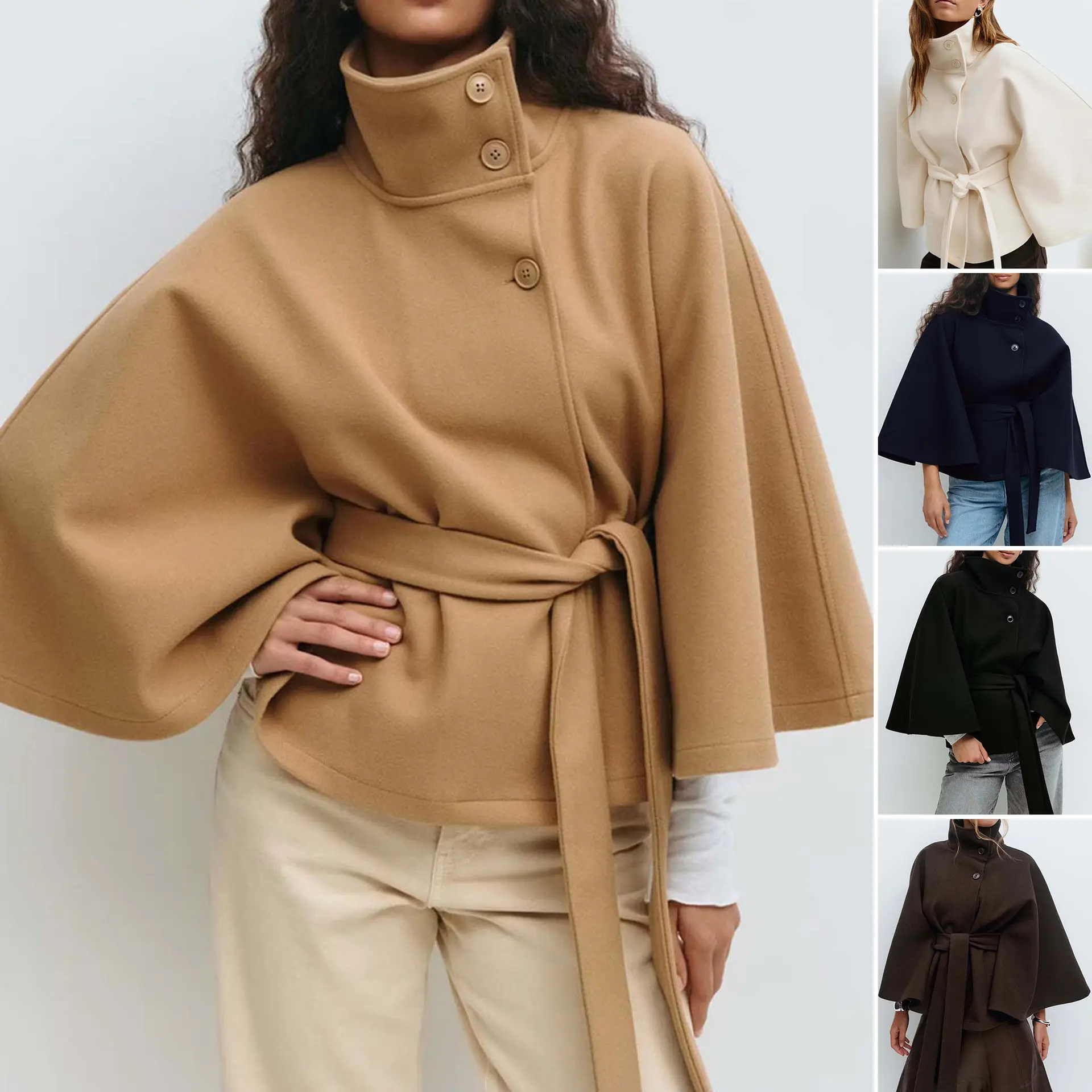 Women's Stand Collar Batwing Sleeve Short Coat, Tie Waist Cocoon Jacket with Buttons, Oversized Casual Winter Outerwear, Elegant Camel Wool Look Jacket for Work Date Travel, 5 Colors Fall Winter
