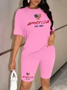 Personalized print pattern Women's Summer Casual 2-Piece Leisure Sports Set, Stylish Print Comfortable for Daily Wear, Trendy Ladies Fashion Must-Have