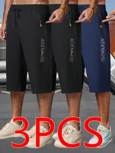 Men’s 3-Pack New Outdoor Casual Sports Shorts, 7–8 inch inseam, letter print design, elastic drawstring waistband, slightly stretchy fabric, zippered pockets, soft and comfortable material—ideal for summer.