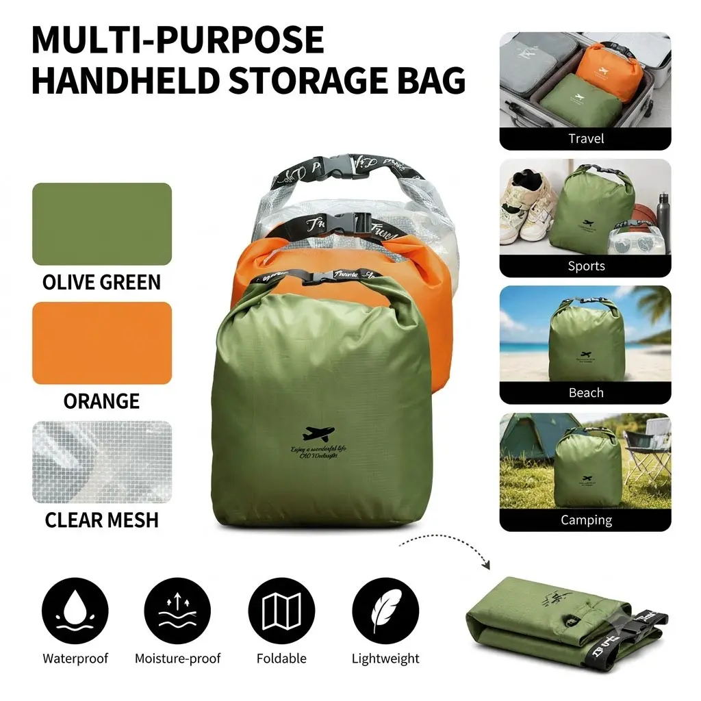 Multi-Purpose Handheld Storage Bag - Olive Green & Orange - Waterproof, Moisture-Proof, Foldable, Lightweight - Ideal for Travel, Sports, Beach, Camping