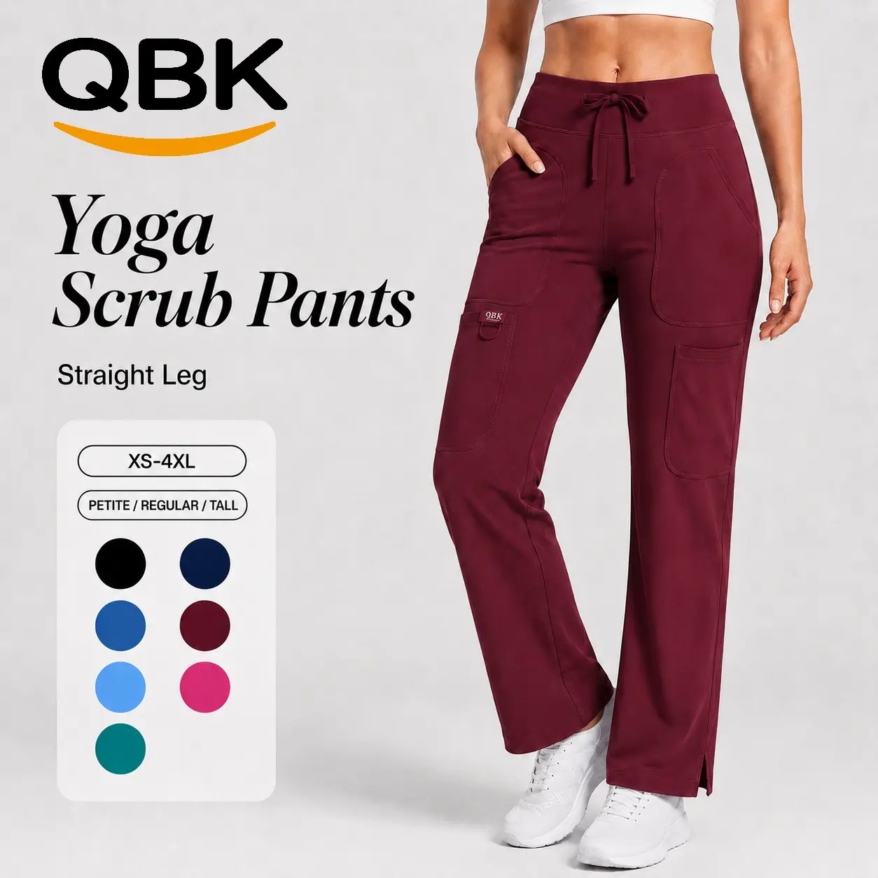 QBK Women's Mid-Rise 5-Pocket Cargo Scrub Pants - Female Gym Clothes, Gym Sportswear Bottoms, High Waist Activewear, Stretch Pants, Flex for Yoga, All Season, Machine Washable, Athleisure Pants Fitness Bottoms Athletic Wear