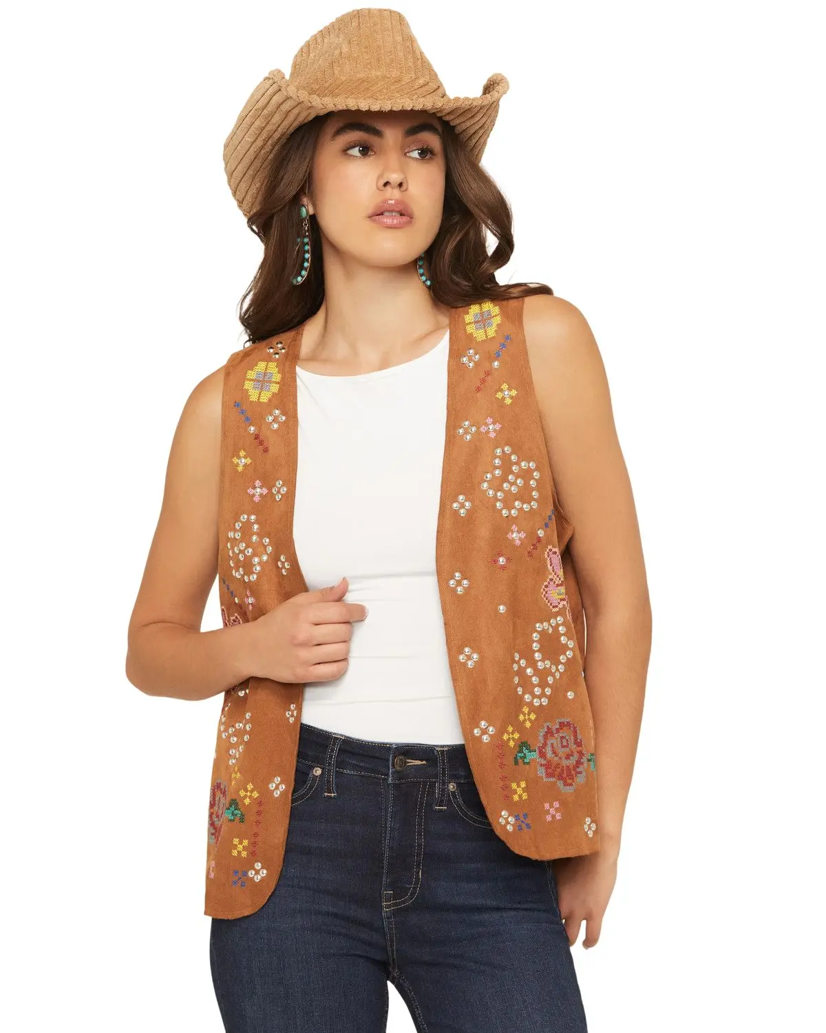 Fornia Women's Women'S Floral Embroidered Studded Faux Suede Vest - Sud-Emst-Cam