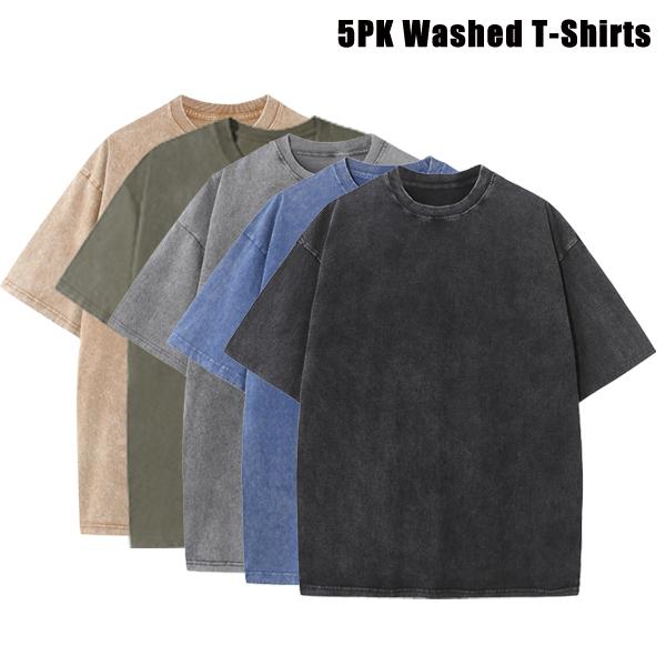 5PCS Men’s Extra Large Fitness Retro Heavyweight T-Shirts, Pure Cotton Sports Acid Wash Loose Fit, Summer Sweat Absorption, Multiple Colors