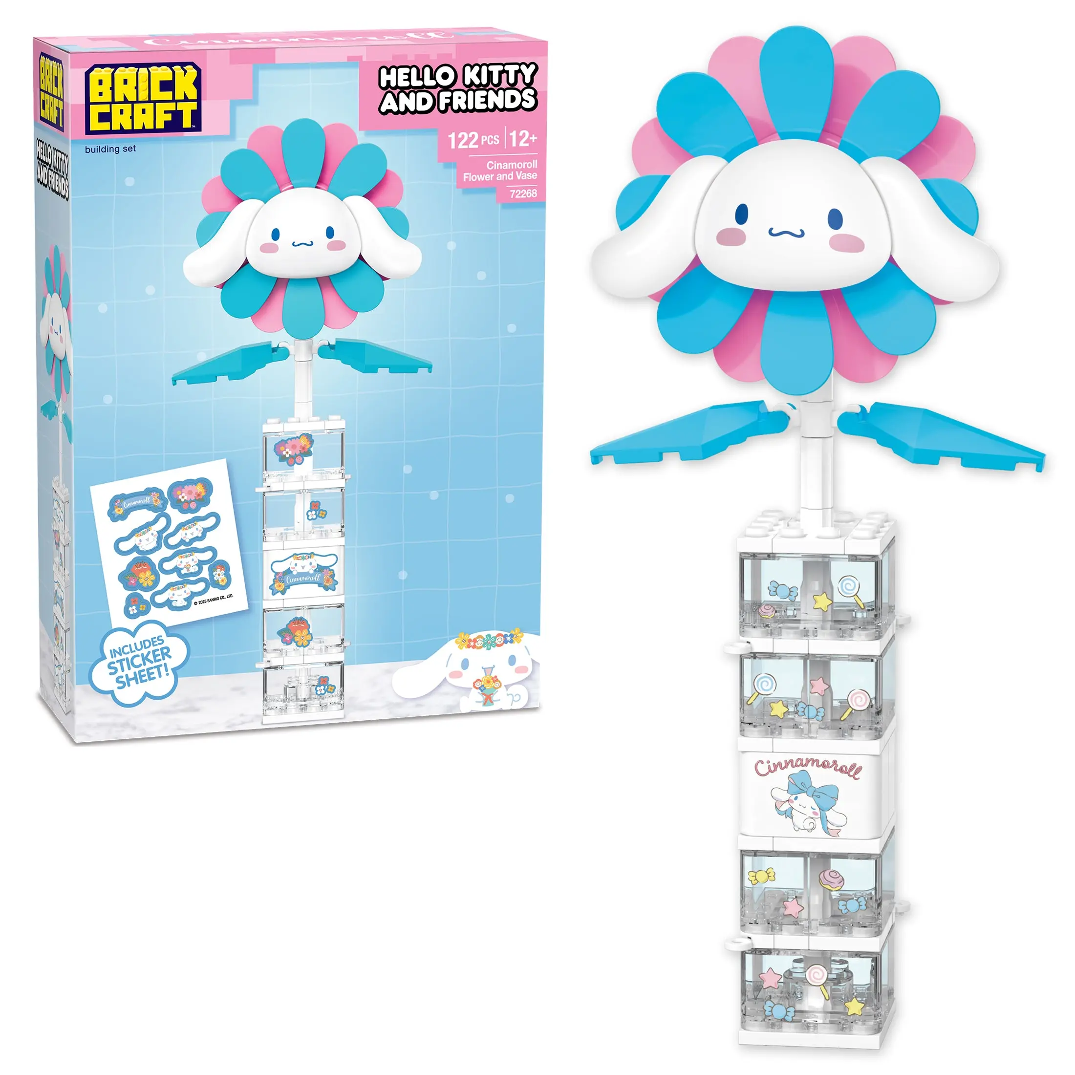 Brickcraft Hello Kitty and Friends Cinnamoroll Flower and Vase Building Set, 122-Piece Buildable Bouquet Display Kit for Teens & Adults 12+