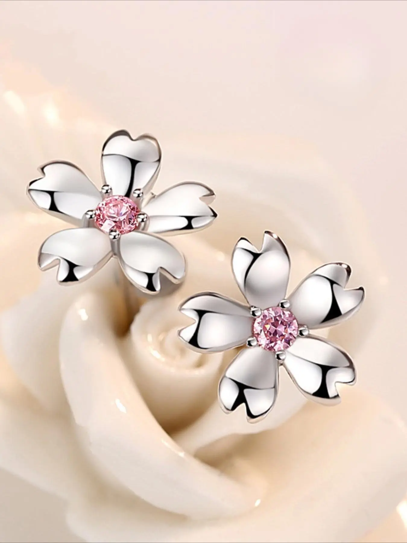 Low Allergen Elegant Cherry Blossom Earrings with Sparkling Zircon Stones, Perfect for Daily Wear for Elegant Women