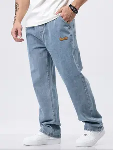 Men's Plus Size Straight Leg Light Wash Jeans, Elastic Waistband Denim Jeans, Casual Fashion for All Seasons, Comfortable Fit for Daily Wear, Pocket Design Jeans, Relaxed Fit Jeans