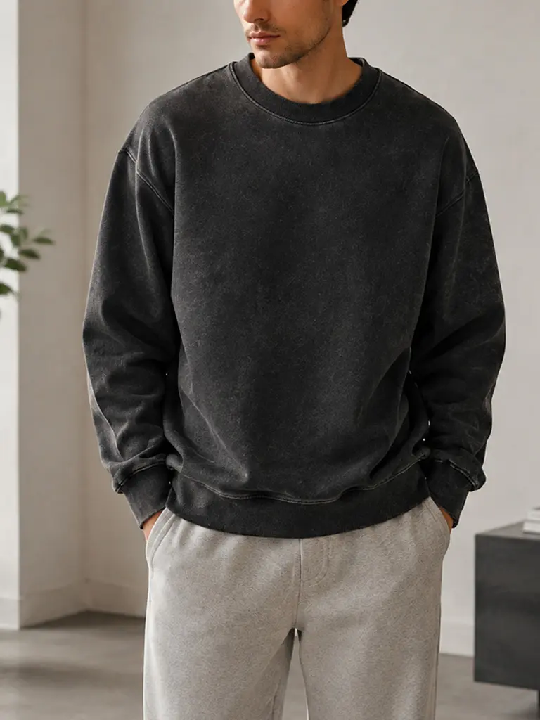 TELLFUN- Mens Oversized Crewneck sweatshirt Pullover Unisex Fall Acid Wash Plain Preppy Streetwear Cotton Vintage  Sweatshirt, Menswear,Casual top,long Sleeve men