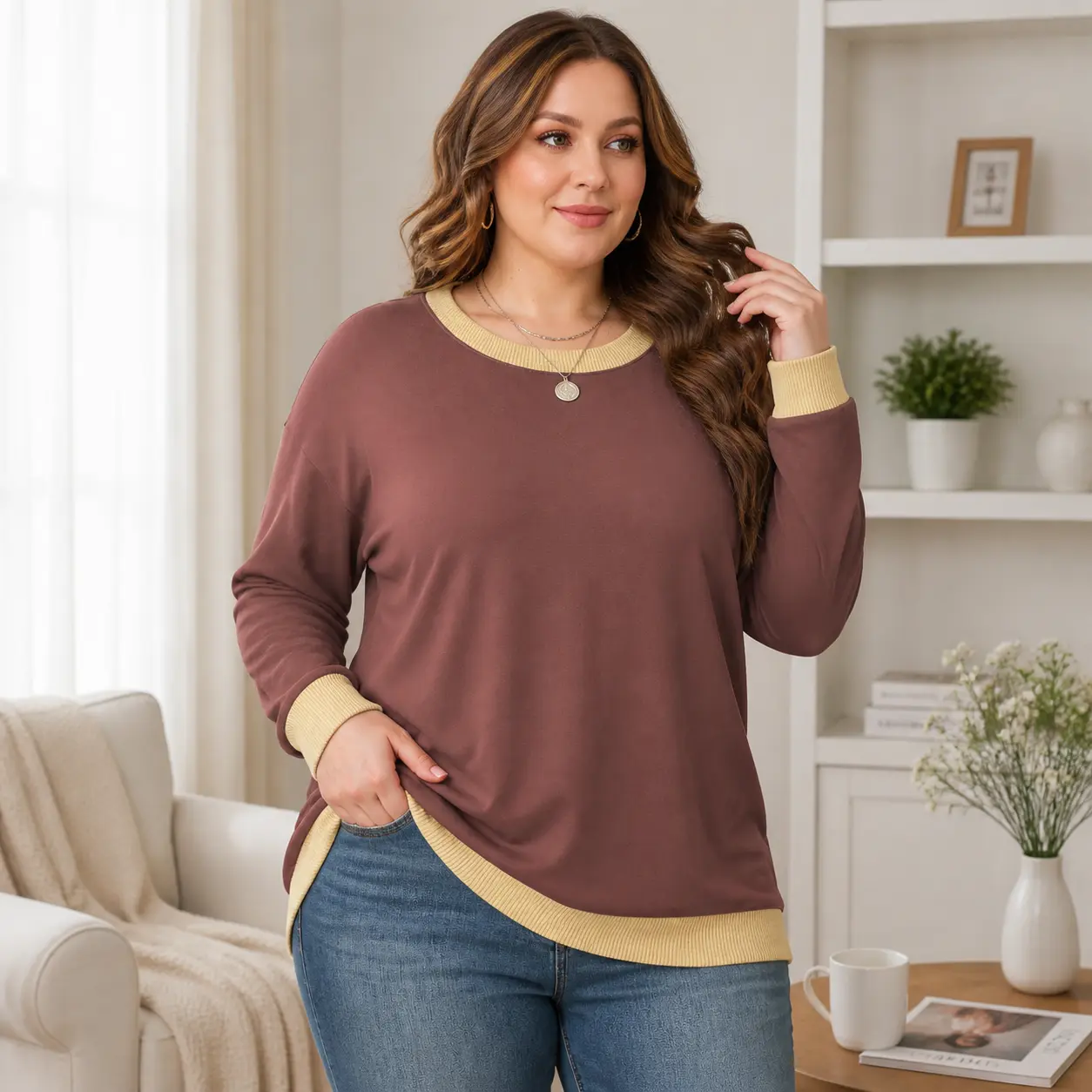 Women's Plus Size Casual Crewneck Long Sleeve Loose Fit Pullover Sweatshirts, Color Block Ribbed Trim Tunics, Size 1X-5X