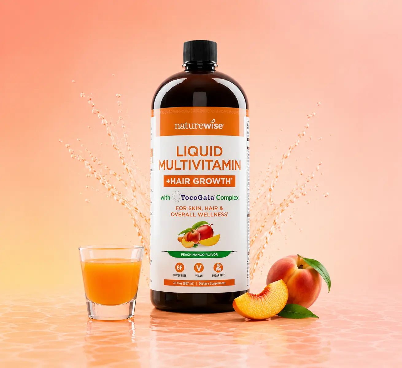 NatureWise Liquid Multivitamin Hair Growth for Women & Men + Tocogaia for Hair Growth & Skin Elasticity + Biotin, Vitamin D, E, B - Sugar Free Multivitamin - Peach Mango Flavor - Non-GMO - USA Manufactured