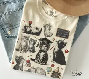 Retro Teacher Cat Kitten T-Shirt, Comfort Colors Tee, Cute Cat Elementary School Shirt, Teacher Team