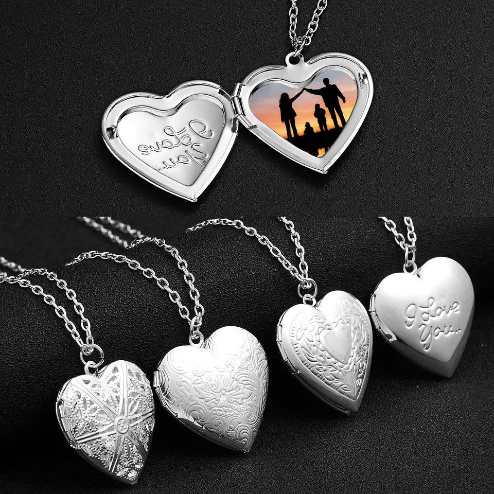 Carved Design Love Necklace Heart-shaped Photo Frame Pendant Necklace For Women Family Jewelry For Valentine's Day