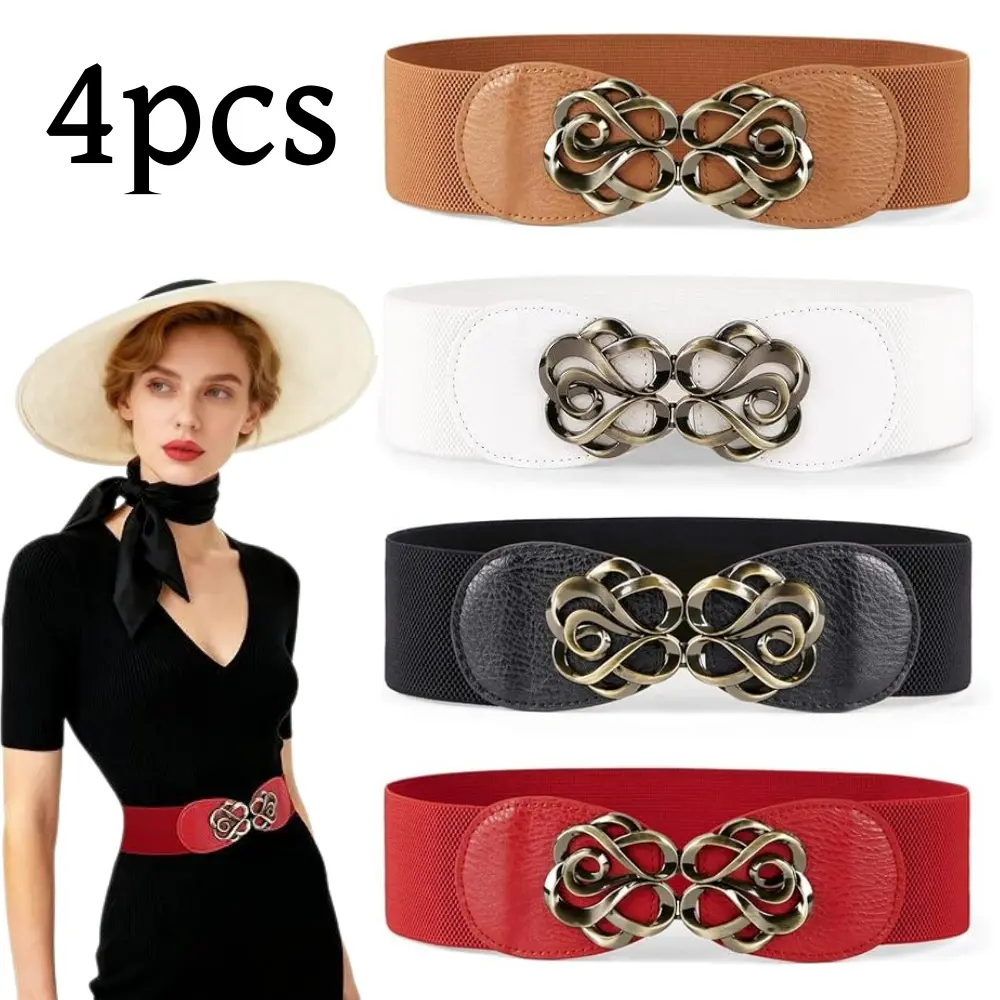 4 pcs 2.36" Wide Vintage Wide Belt Elastic Waist Belt Women Stretchy Belts with Buckle for Dresses