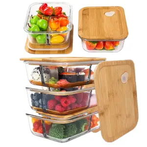 Glass Bamboo Lids Meal Prep Containers Food Storage Pantry Kitchen Fridge Cabinet Organizer, Lunch Box, Microwave Oven, [3PACK]