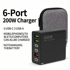 Portable 200W Charger whit 3 USB-C 3 USB-A 6-Port Multiport   Charging  Plug Compact and easy to travel for iPhone 8 & Newer 17 16 15 14 Series