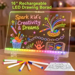 16” Rechargeable LED Drawing Board with 13 Light Modes, Light-Up Acrylic Message Board & DIY Night Light, Includes 8 Line Art Sheets, Stand & Hanging Chain, Neon Dry Erase Board for Kids, Dorm, Office & Store Display