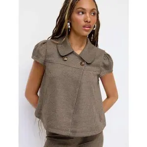 CIDER - Peter Pan Collar Houndstooth & Polka Dot Button Short Sleeve Blouse