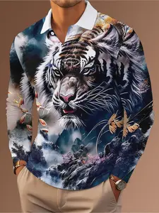 Men's Tiger Print Long Sleeve Polo Shirt - Casual, Lightweight Polyester with Button-Up Collar, Machine Washable, Exotic Tropical Jungle Design