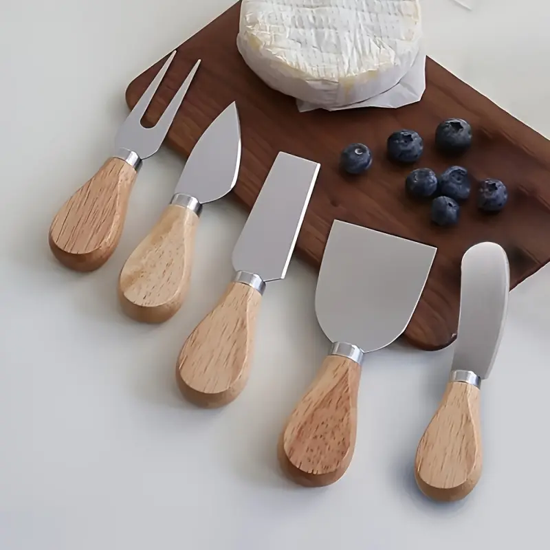 5-Piece Premium Stainless Steel Cheese Cutting Knife Set with Oak Handle, Includes Fork, Slicer, Cream Knife, Ideal for Charcuterie Boards & Parties, Kitchenware, Utensils, Stainless Steel Knives