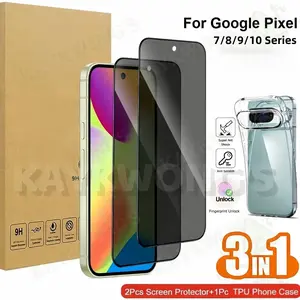 KAYKWONG'S 3 in 1 Set, Include 2 Tempered Glass Privacy Screen Protector + 1 Tpu Phone Case for Google Pixel 7/7a/8/8 Pro/8A/9/9 Pro/9a/9 Pro XL/10/10 Pro/10 Pro XL Series,  Smooth Easy Install, Privacy Protection