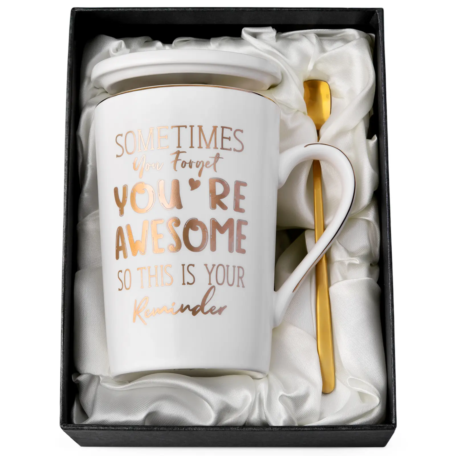 Birthday Gifts for Women & Men - Sometimes You Forget You're Awesome - Thank You Inspirational Friendship Gifts for Him Her, 14oz Ceramic White Coffee Mug with Spoon, Lid, Greeting Card, Gift Boxed