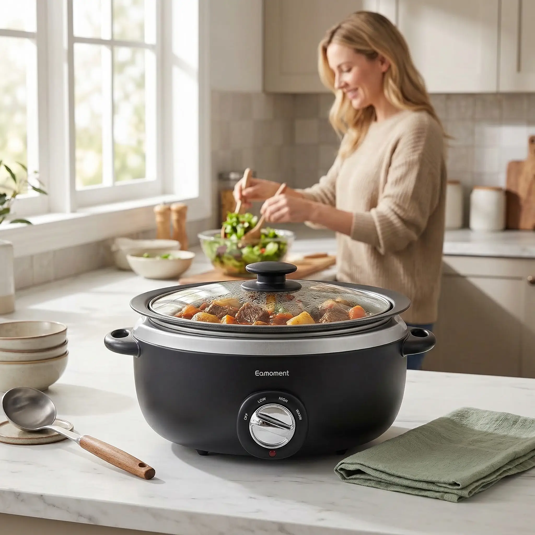 Summerwins 3.5 Qt Slow Cooker - Aluminium Sear-Sauté Stew Pot, Stovetop & Dishwasher-Safe Glass Lid, Adjustable Temp, Cool Touch Handles for Soups, Casseroles
