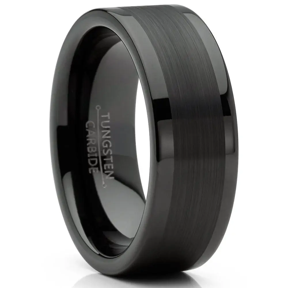 Men's Tungsten Carbide Black Wedding Band - 8MM Flat Top, High-Polish, Comfort-Fit, Hypoallergenic, Scratch Resistant